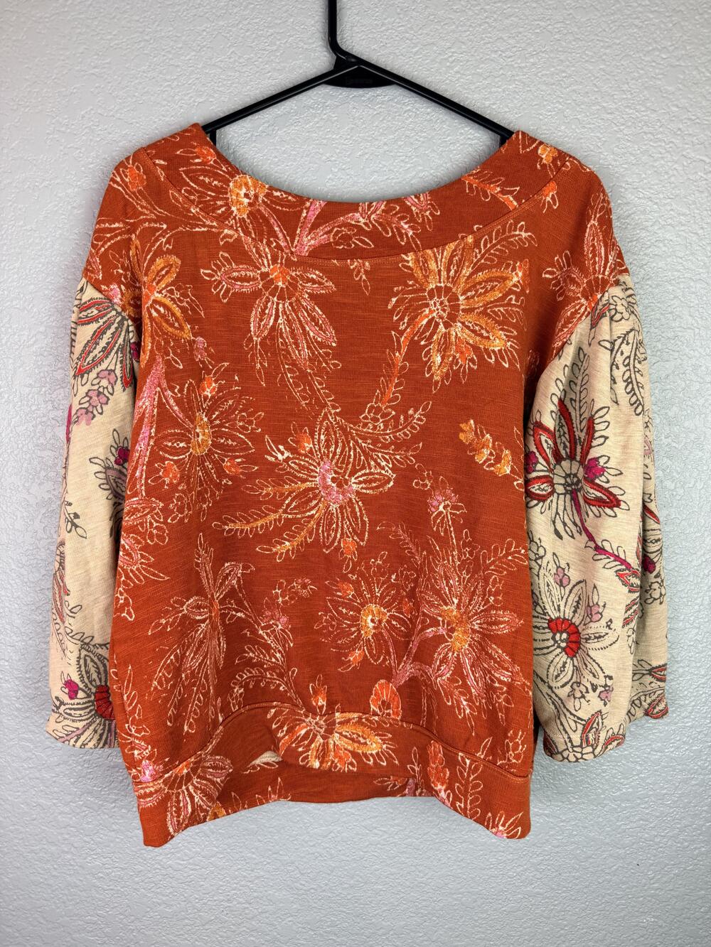 Daily Practice Blouse Womens XS Orange Floral Contrast Bell Sleeve Henley Top